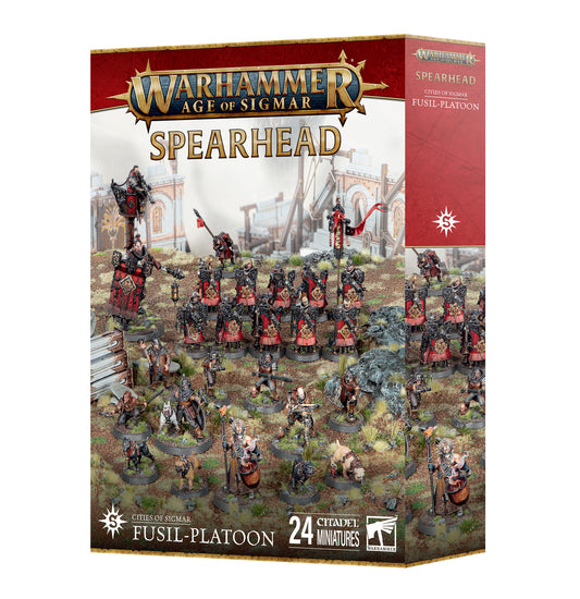 Warhammer Age of Sigmar Spearhead: Cities of Sigmar Fusil-Platoon box set, featuring 24 Citadel Miniatures in a dynamic battle scene with painted figures and terrain, tabletop wargaming product.