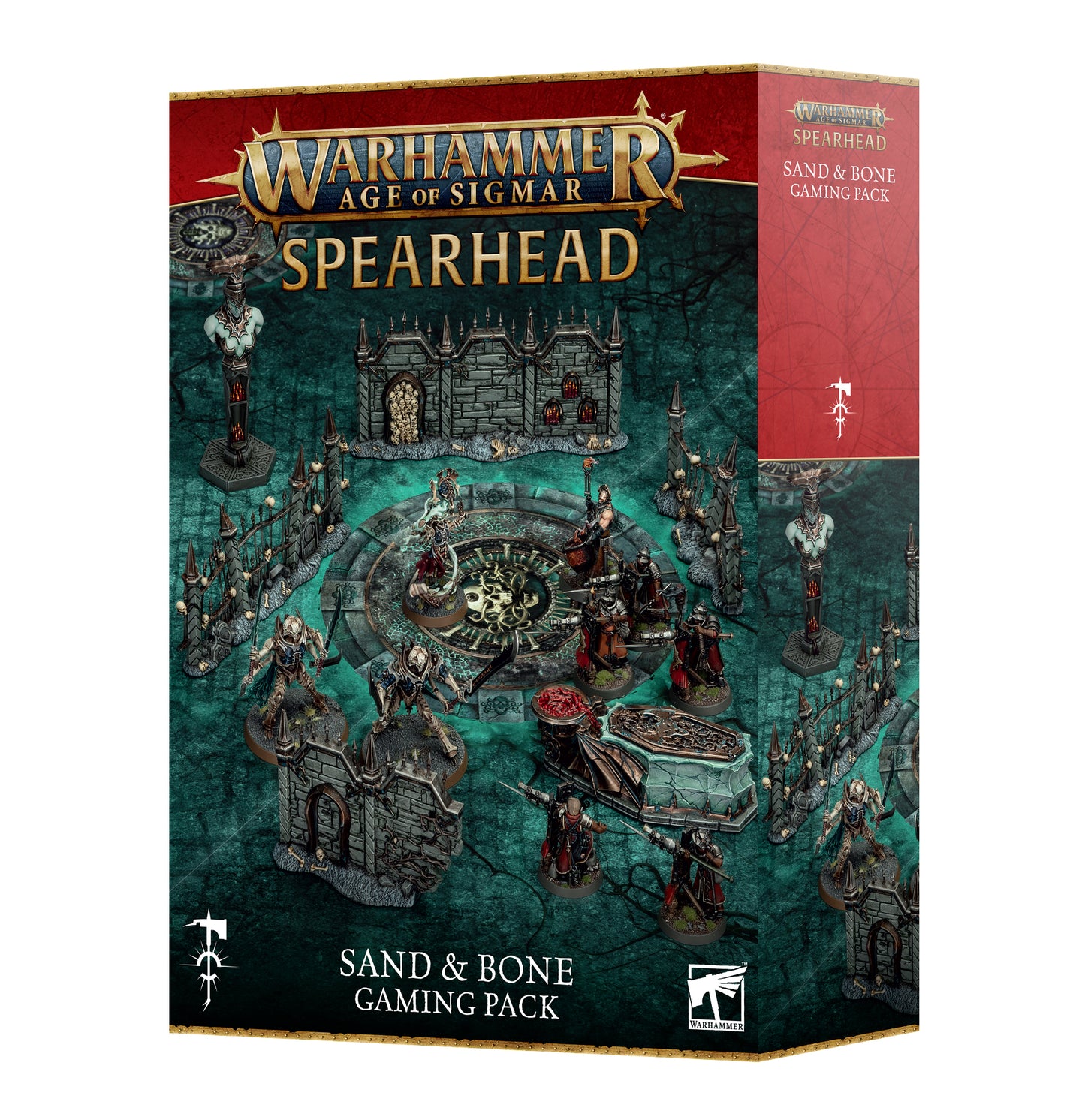 Warhammer Age of Sigmar Spearhead: Sand & Bone Gaming Pack box set, featuring illustrated battle scene with miniatures and terrain, tabletop wargaming accessory kit.