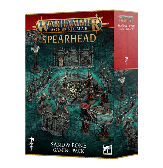 Warhammer Age of Sigmar Spearhead: Sand & Bone Gaming Pack box set, featuring illustrated battle scene with miniatures and terrain, tabletop wargaming accessory kit.