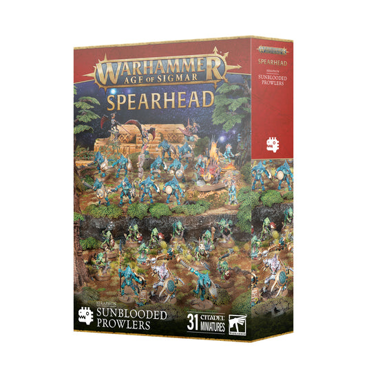 Warhammer Age of Sigmar Spearhead: Seraphon Sunblooded Prowlers box set, featuring 31 Citadel Miniatures in a jungle-themed battle scene with ruins, fantasy tabletop wargaming kit.