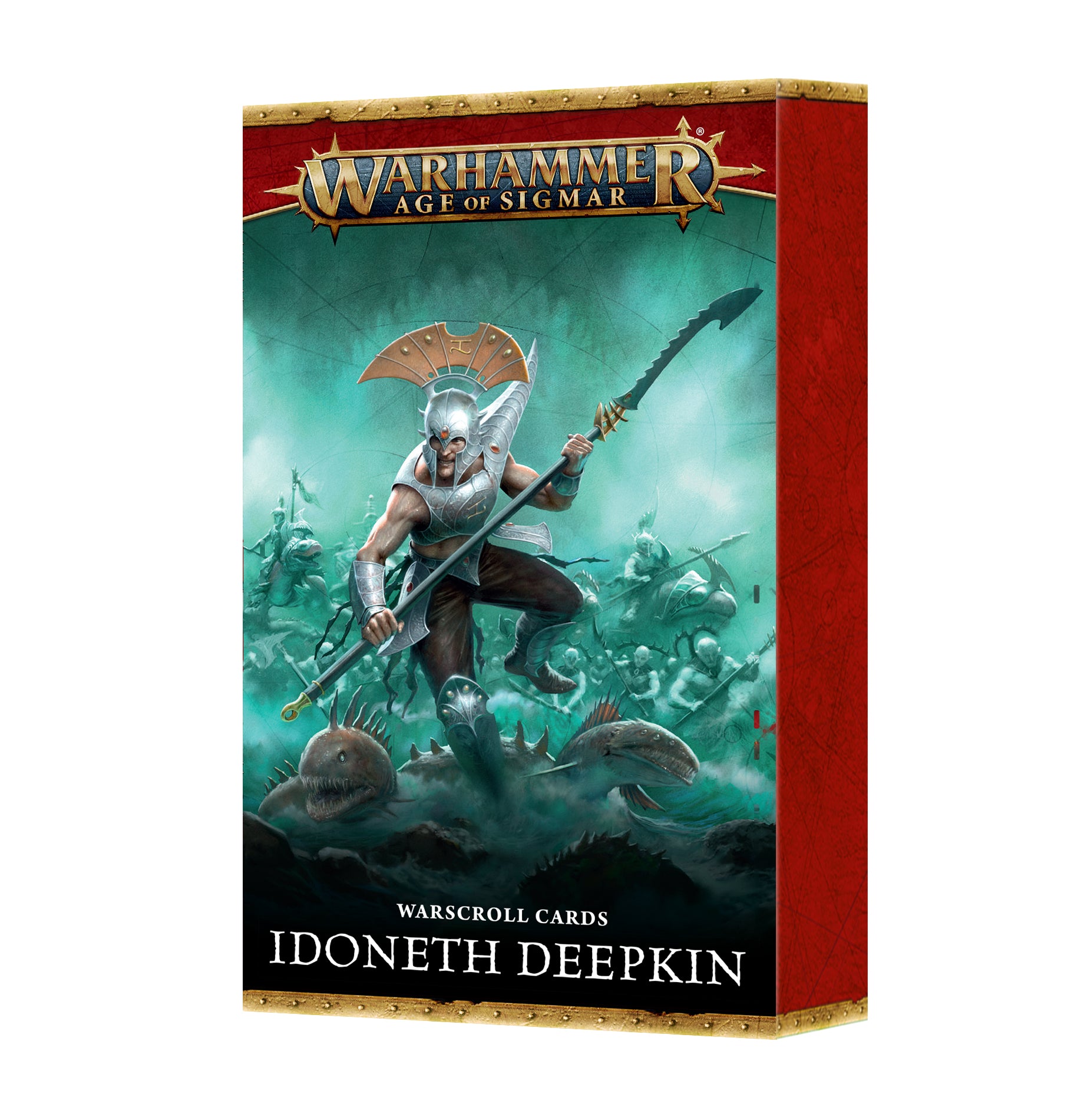 Warhammer Age of Sigmar Idoneth Deepkin Warscroll Cards box featuring a helmeted aelf warrior with spear, underwater creatures, and battle scene artwork