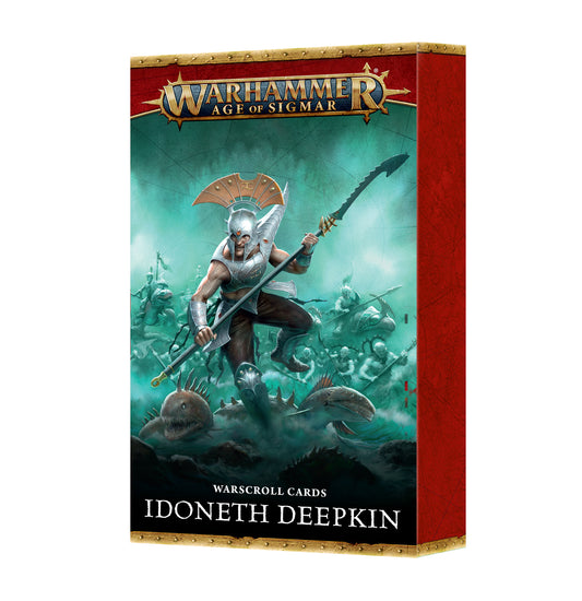 Warhammer Age of Sigmar Idoneth Deepkin Warscroll Cards box featuring a helmeted aelf warrior with spear, underwater creatures, and battle scene artwork