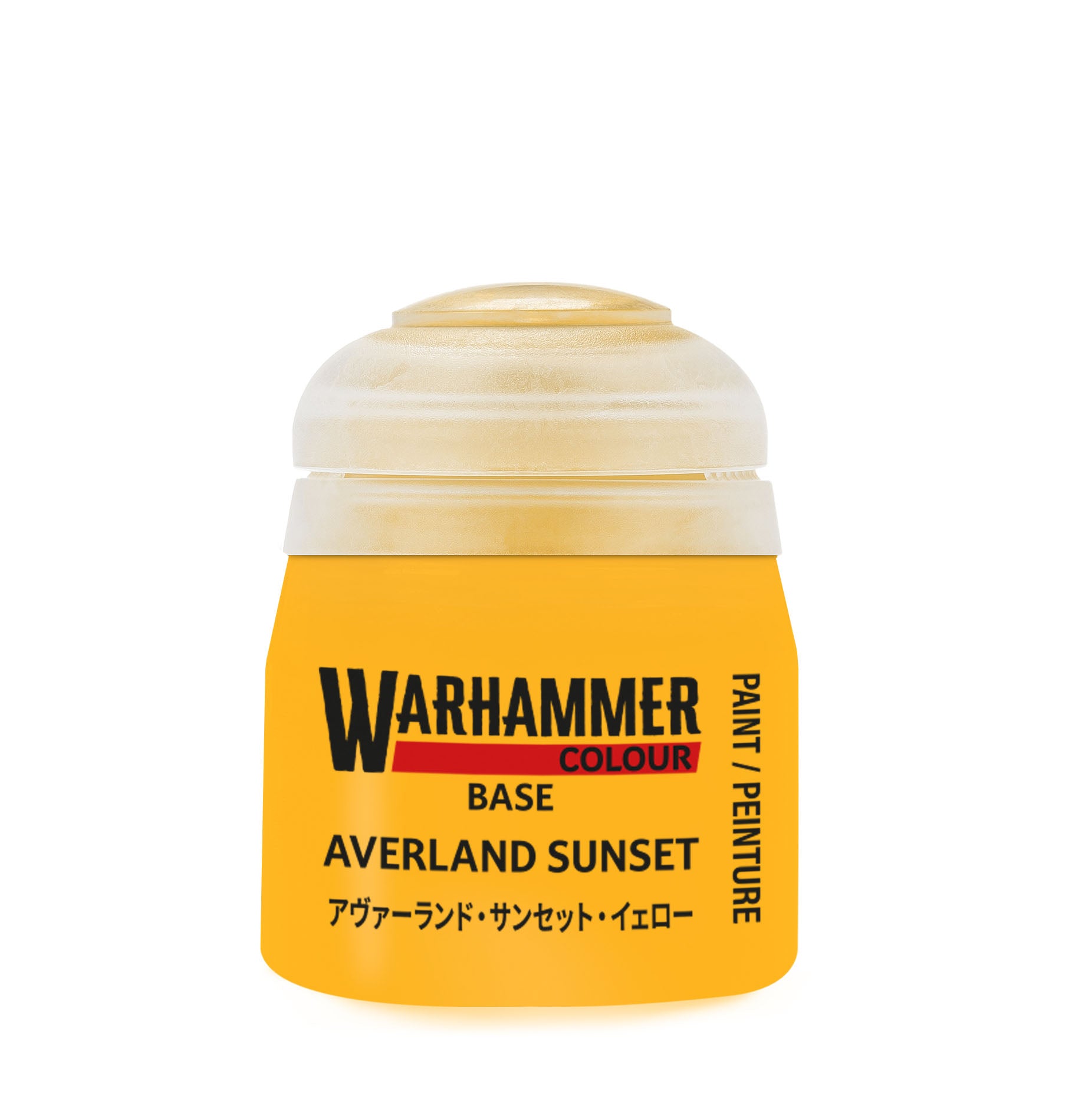Warhammer paint can labeled 'Averland Sunset' on a white background