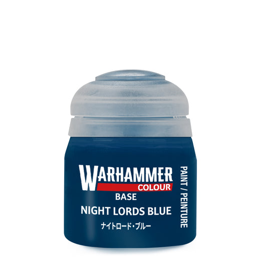 Warhammer paint pot with 'Night Lords Blue' label on a white background