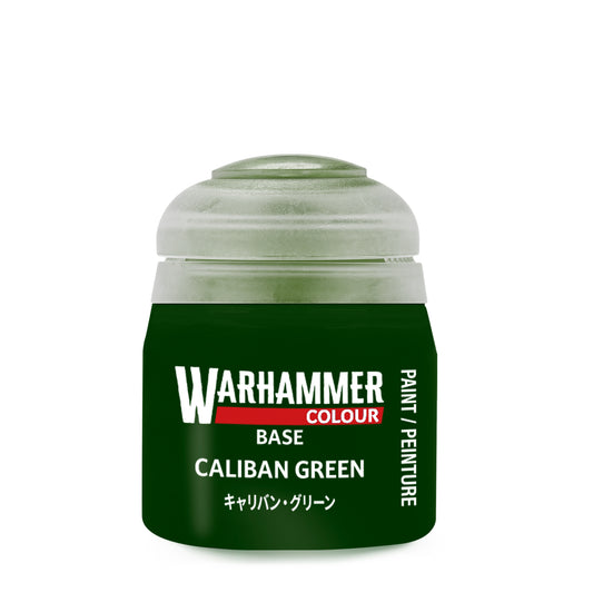 Warhammer paint can labeled 'Caliban Green' on a white background