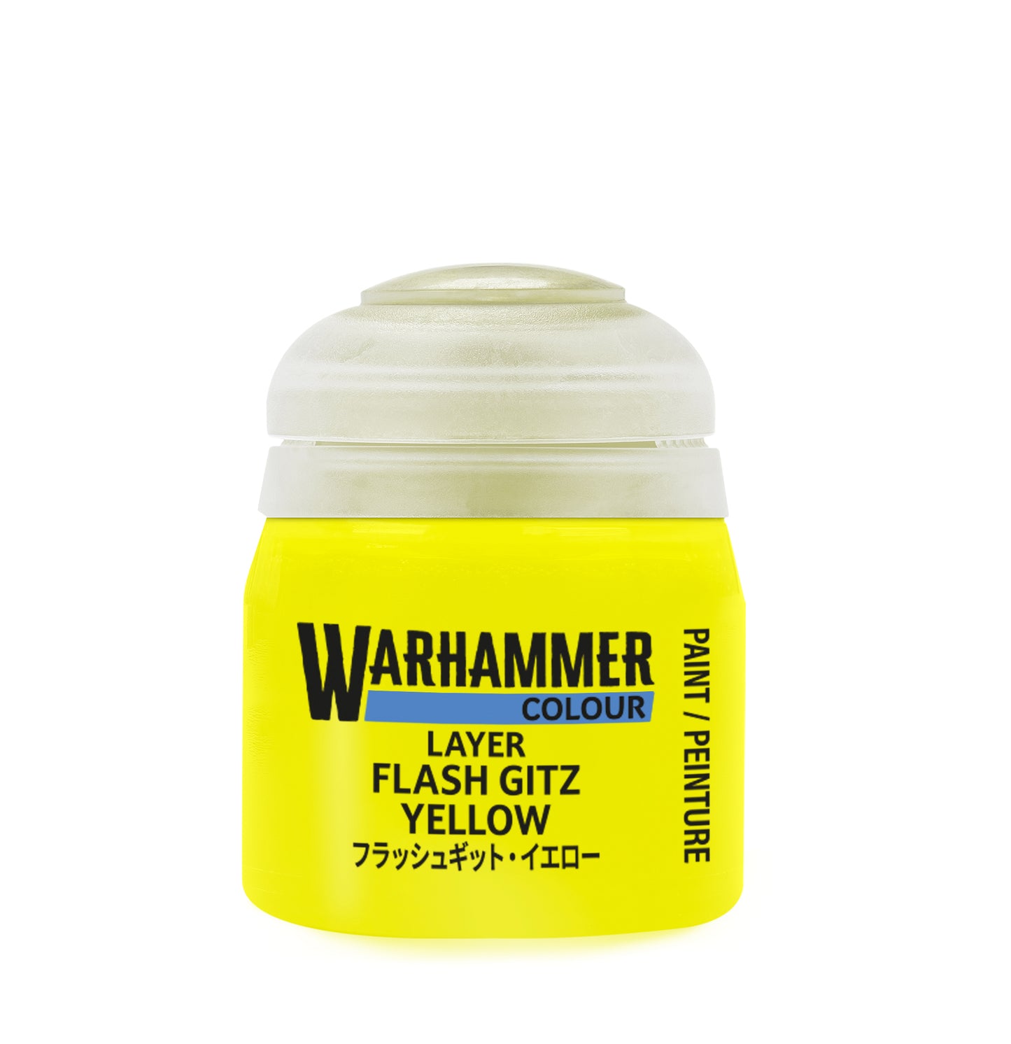 Warhammer paint can with 'Layer Flash Gitz Yellow' on a white background