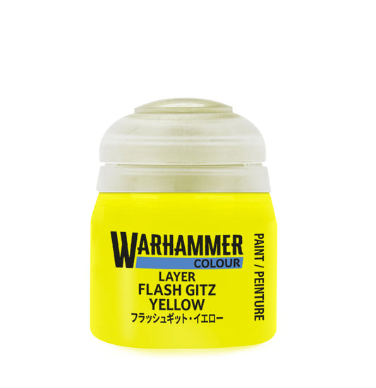 Warhammer paint can with 'Layer Flash Gitz Yellow' on a white background