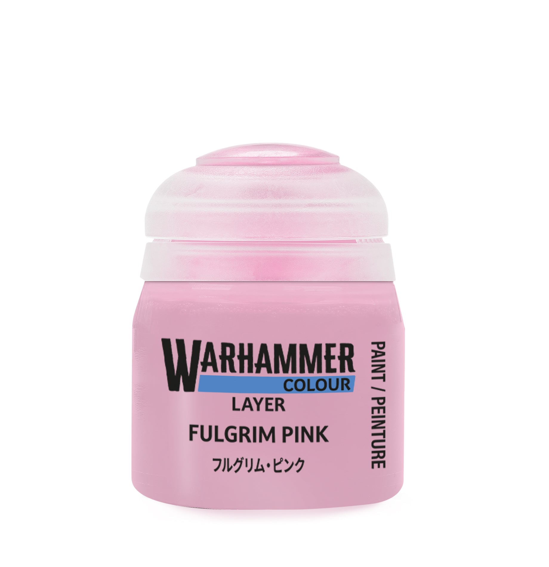 Pink paint jar labeled 'Warhammer Colour Fulgrim Pink' on a white background