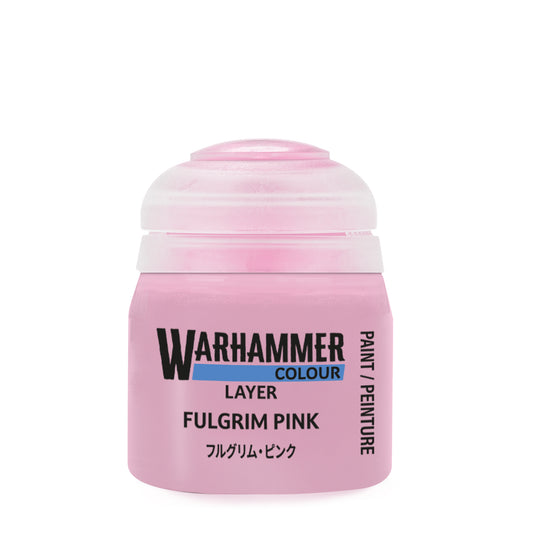 Pink paint jar labeled 'Warhammer Colour Fulgrim Pink' on a white background