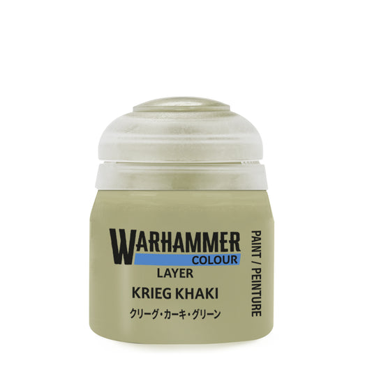 Warhammer Colour Layer Krieg Khaki paint jar on a white background