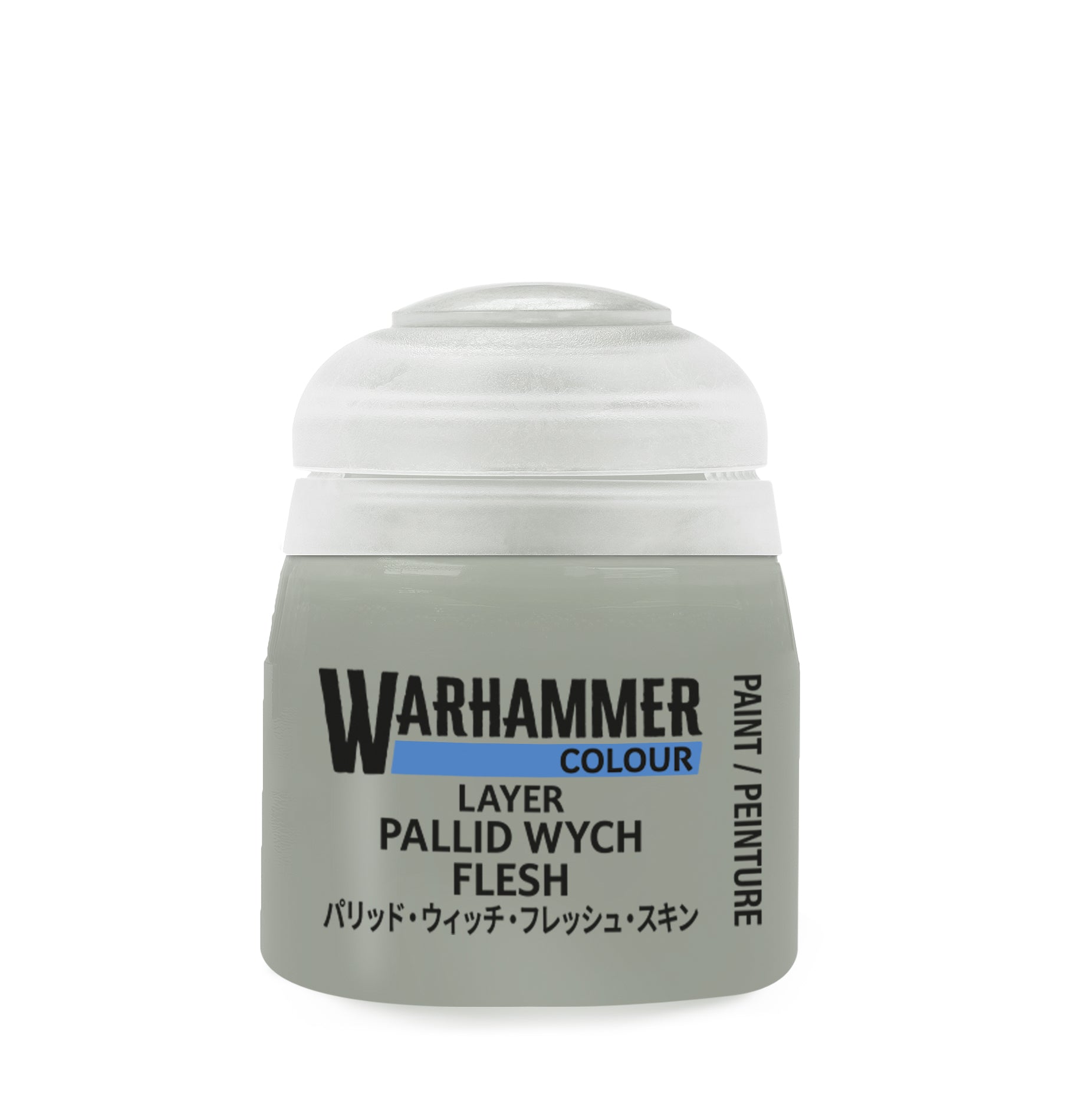 Warhammer paint pot labeled 'Layer Pallid Wych Flesh' on a white background
