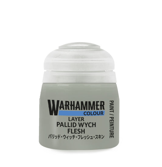 Warhammer paint pot labeled 'Layer Pallid Wych Flesh' on a white background