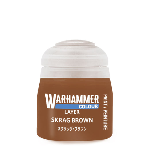 Warhammer paint jar labeled 'Skrag Brown' on a white background