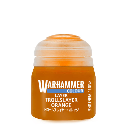Warhammer paint jar labeled 'Trollslayer Orange' on a white background