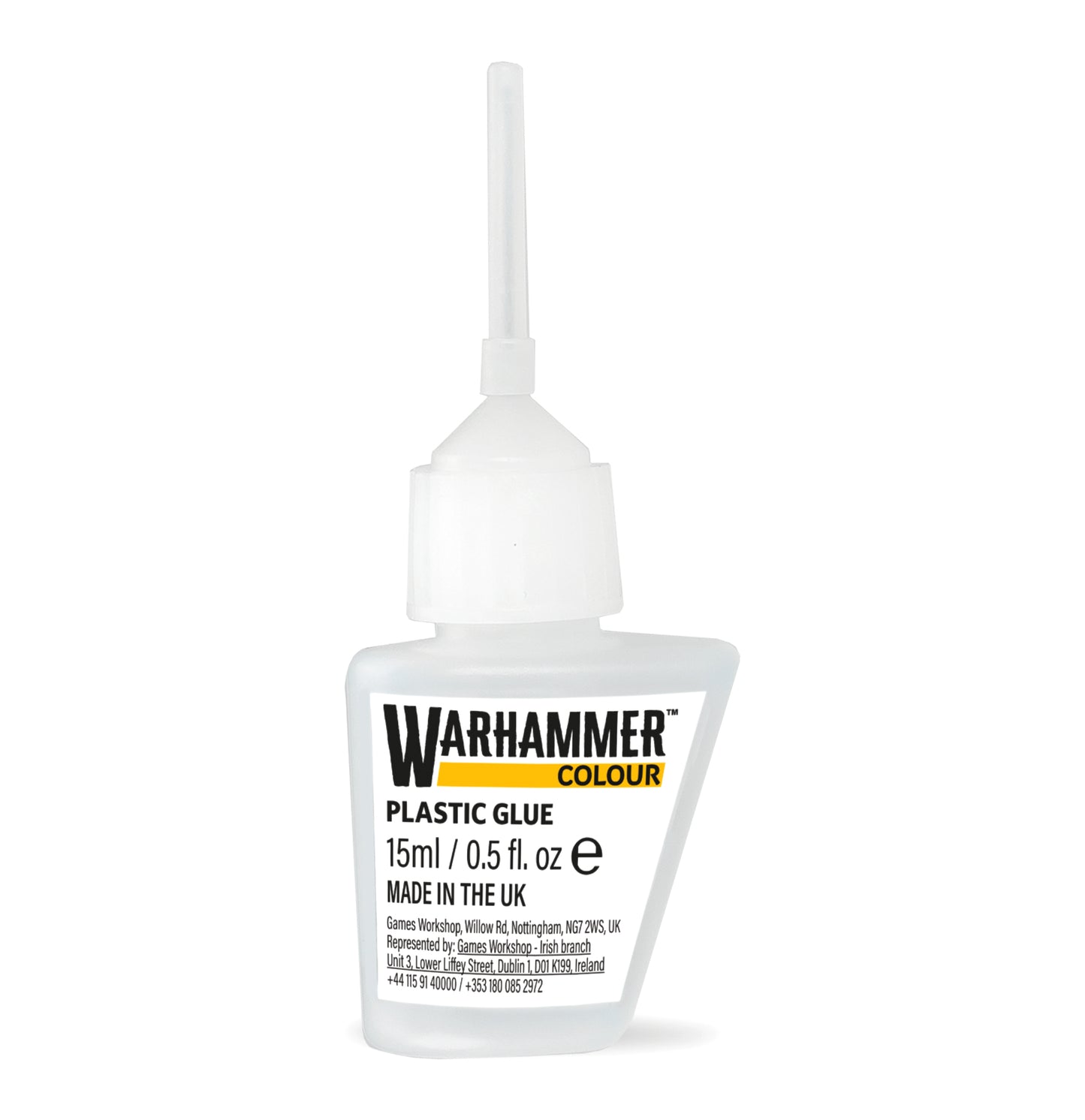 Bottle of Warhammer plastic glue on a white background