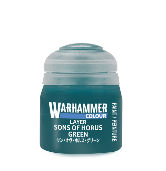 Warhammer Colour Layer Sons of Horus Green paint jar on a white background