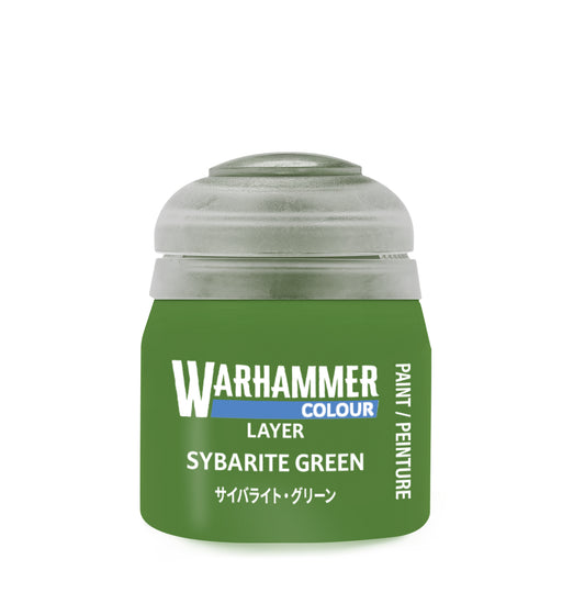 Layer Sybarite Green paint can labeled 'Warhammer Colour' with a gray lid on a white background