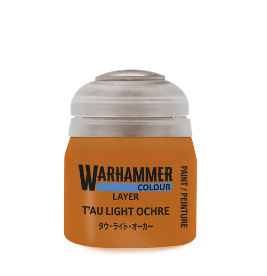 Warhammer paint can with Tau Light Ochre color on a white background