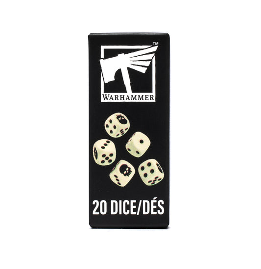 Box of Warhammer dice with five dice on a black background