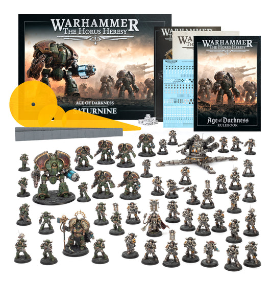 Warhammer The Horus Heresy Age of Darkness Saturnine box set featuring detailed miniatures, rulebook, and game accessorie