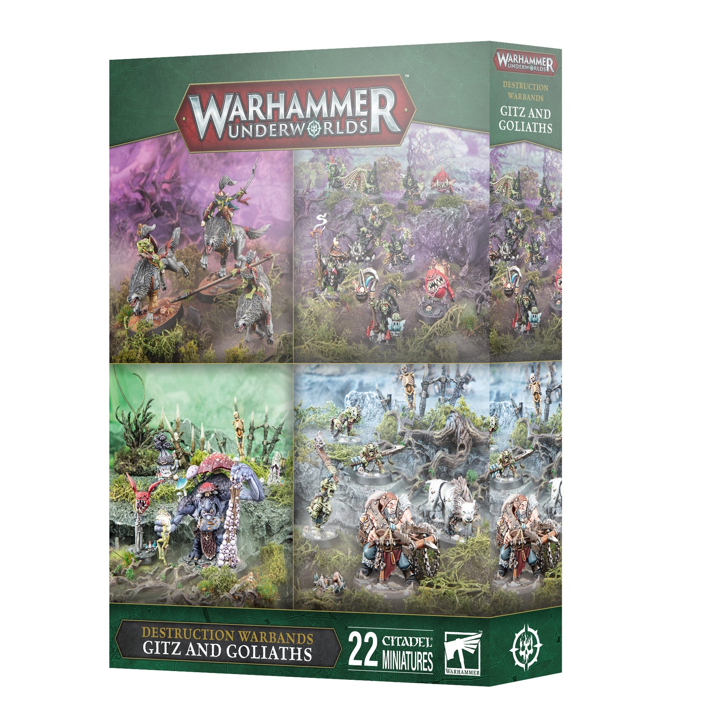 Warhammer Underworlds game box featuring Gitz and Goliaths miniatures on a white background