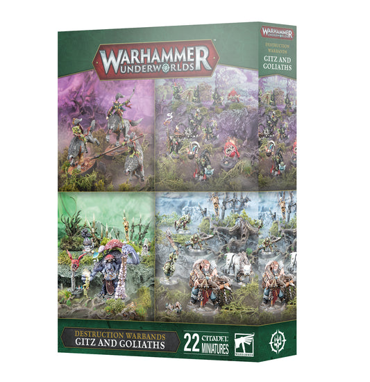 Warhammer Underworlds game box featuring Gitz and Goliaths miniatures on a white background