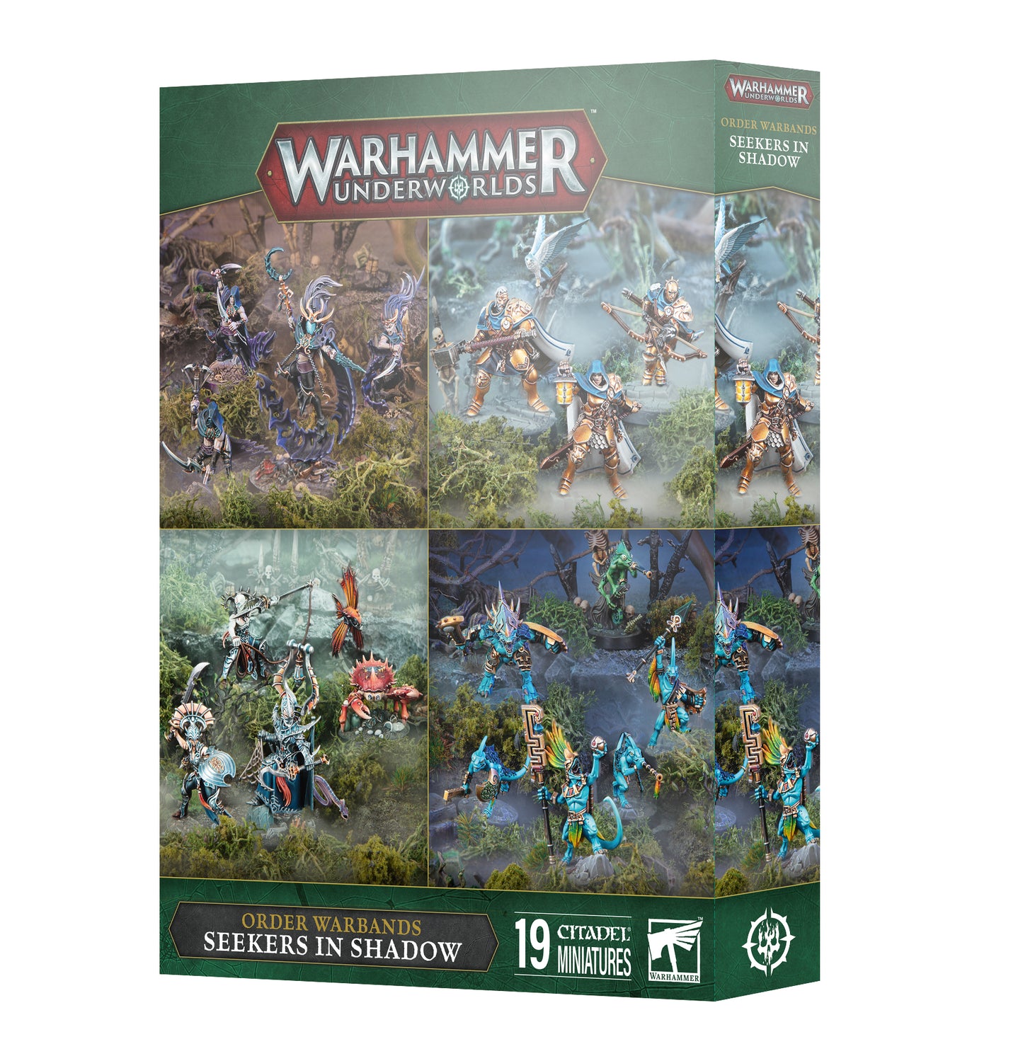 Warhammer Underworlds game box with miniature figures on a white background