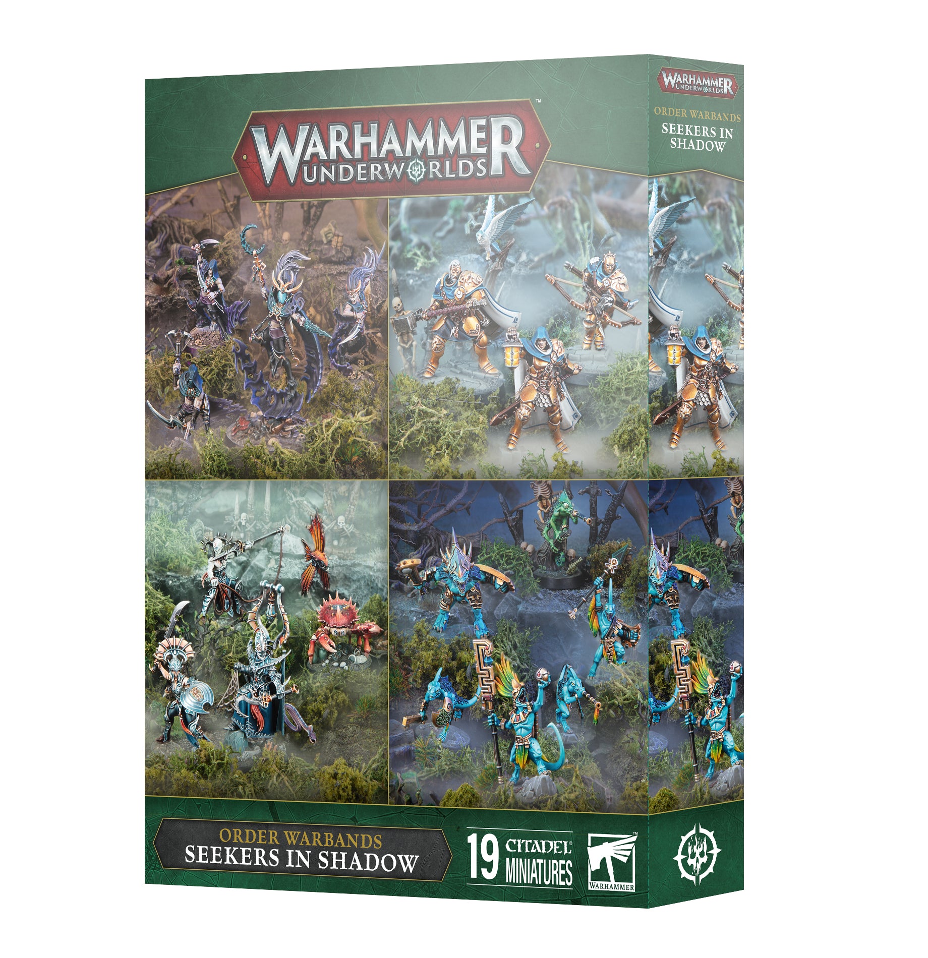 Warhammer Underworlds game box with miniature figures on a white background
