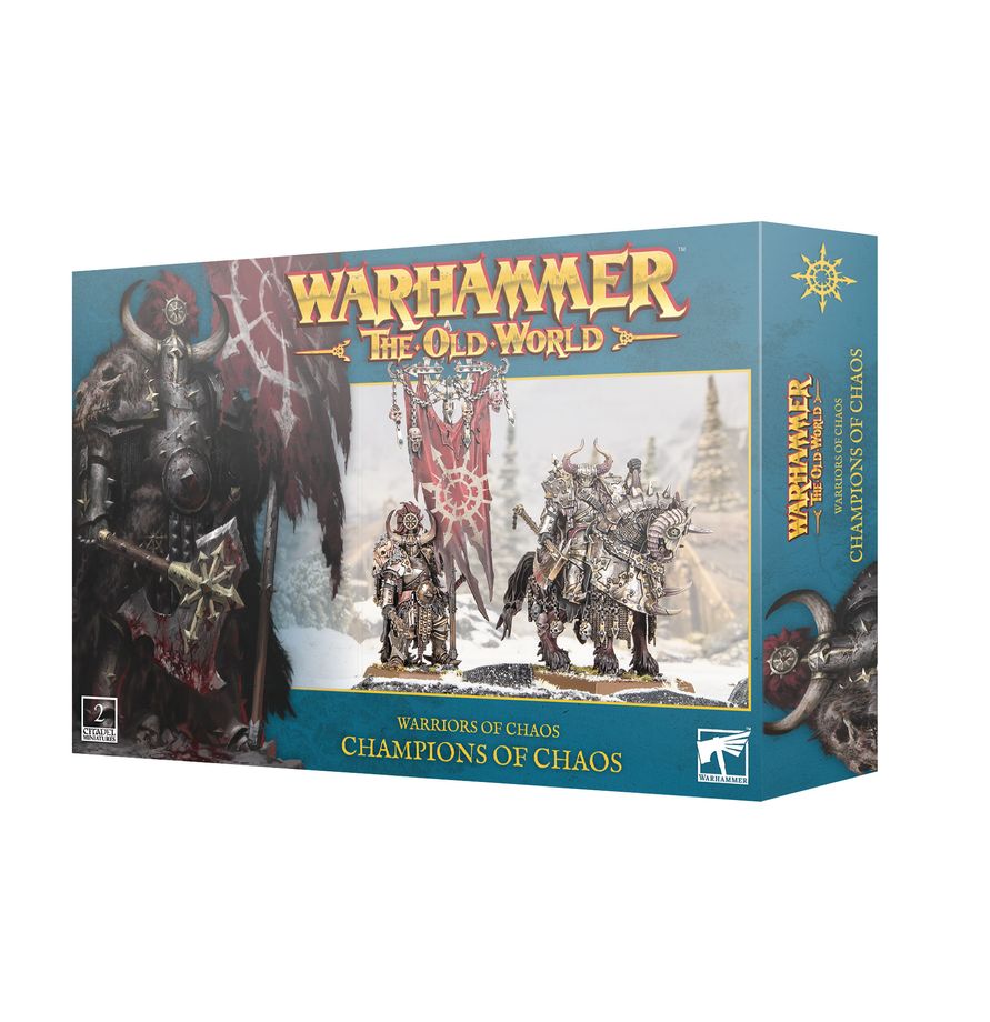 Warhammer: The Old World Champions of Chaos box set, featuring a teal and gold packaging design with fantasy warrior illustrations and miniature figures shown on the front.