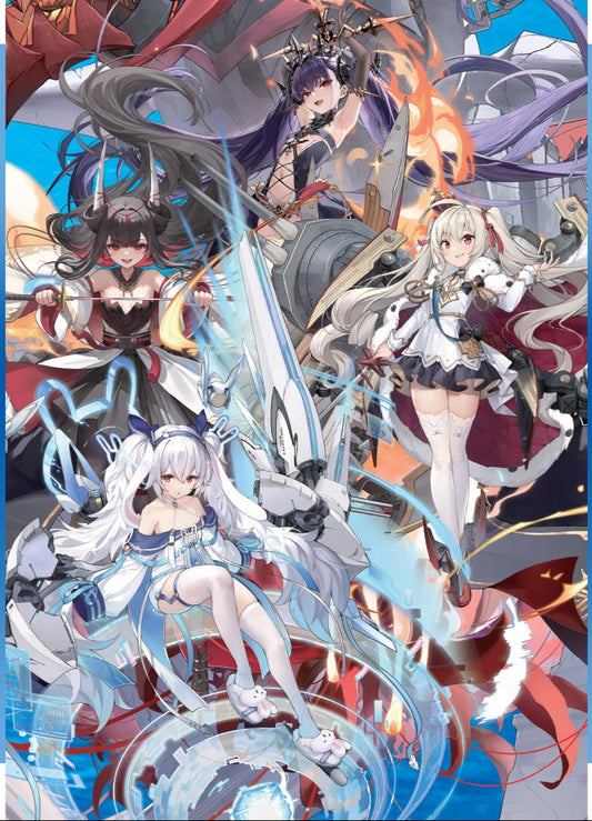 Azur Lane booster pack with character illustrations and promotional text on a blue background