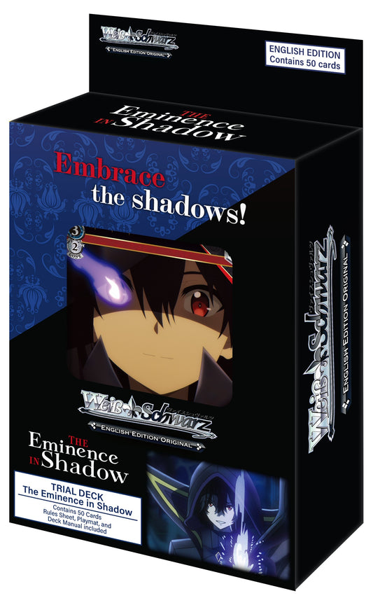 Card game box for 'Eminence in Shadow' with character illustration and text.