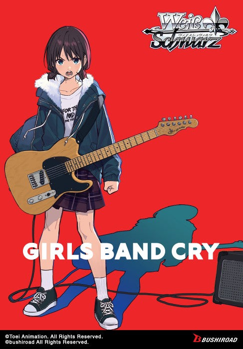 Anime character holding a guitar with 'Girls Band Cry' text on a red background