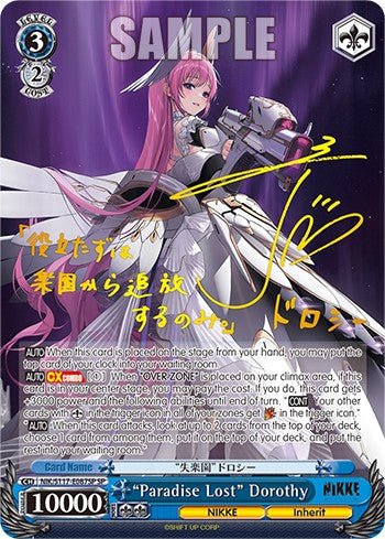 Card featuring an animated character with pink hair and a futuristic outfit on a purple background.