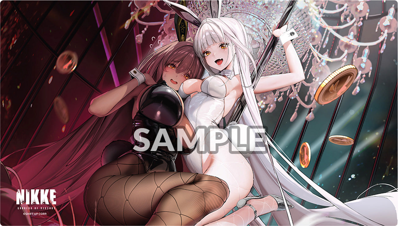 Two animated characters in a dynamic pose with 'SAMPLE' text overlay, featuring the brand 'NIKKE'.
