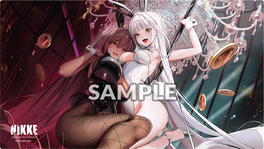 Two animated characters in a dynamic pose with 'SAMPLE' text overlay, featuring the brand 'NIKKE'.