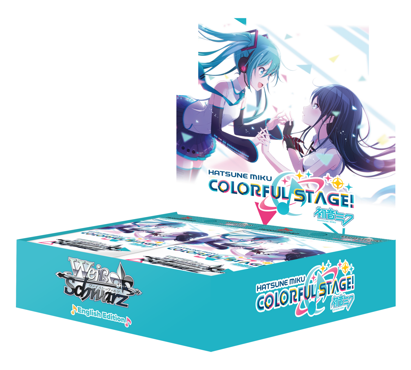 Weiss Schwarz Hatsune Miku Colorful Stage English Edition trading card game box with vibrant artwork of Hatsune Miku and another character, dynamic pose, and colorful branded packaging.