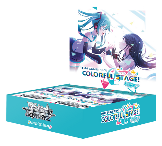Weiss Schwarz Hatsune Miku Colorful Stage English Edition trading card game box with vibrant artwork of Hatsune Miku and another character, dynamic pose, and colorful branded packaging.
