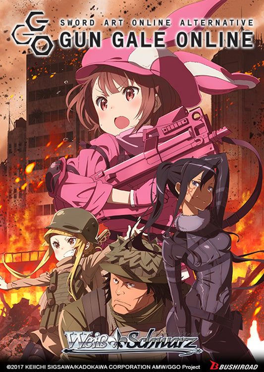 Promotional poster for 'Sword Art Online Alternative: Gun Gale Online' featuring characters in action poses with a fiery background.