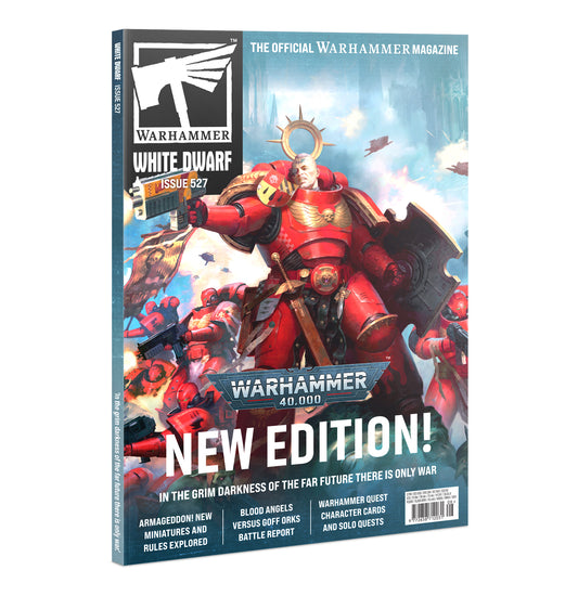 Warhammer 40,000 White Dwarf Issue 67 magazine cover shown at a slight angle against a plain white background. The cover features a large red-armored warrior with a glowing helmet, smaller red-armored figures, and bold white and blue text reading 'White Dwarf,' 'Issue 67,' and 'New Edition!'.