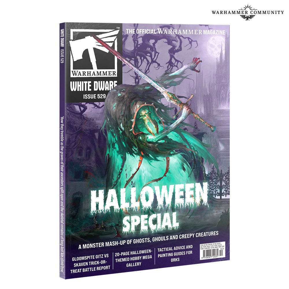 Warhammer White Dwarf Issue 329 magazine cover featuring a Halloween-themed illustration with a green goblin-like figure, purple castle background, and large white text reading 'HALLOWEEN SPECIAL'. The Warhammer logo is visible on the cover and a Warhammer Community logo appears in the top right corner of the image.