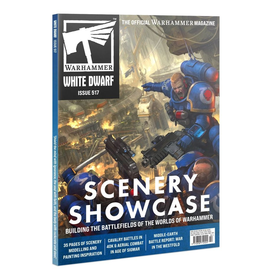 Warhammer White Dwarf magazine cover with a warrior and scenery showcase text