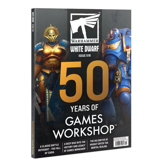 Magazine cover celebrating 50 years of Games Workshop with warrior characters on a black background.