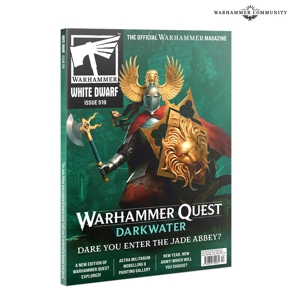 Warhammer magazine cover with warrior and lion emblem on a green background