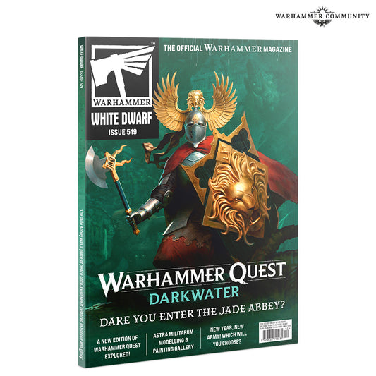 Warhammer magazine cover with warrior and lion emblem on a green background
