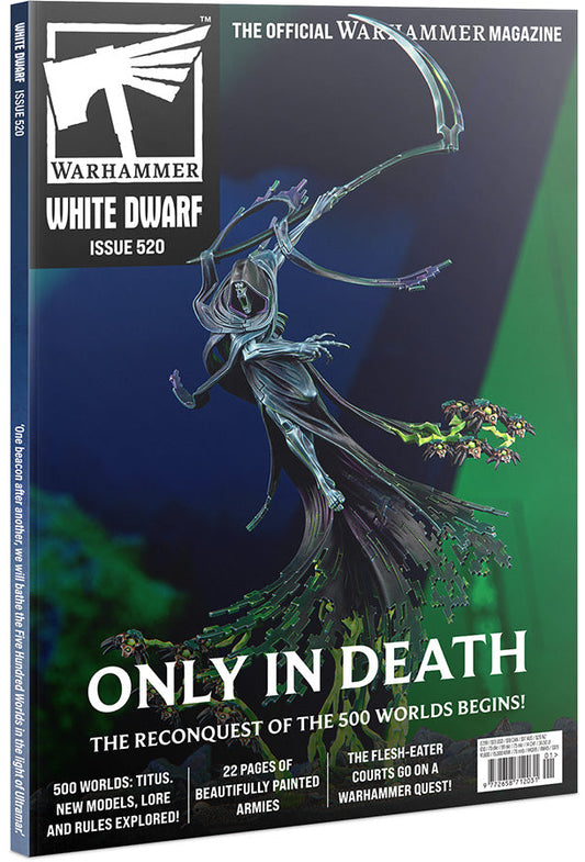 Warhammer magazine cover with a dark fantasy character on a blue and green background