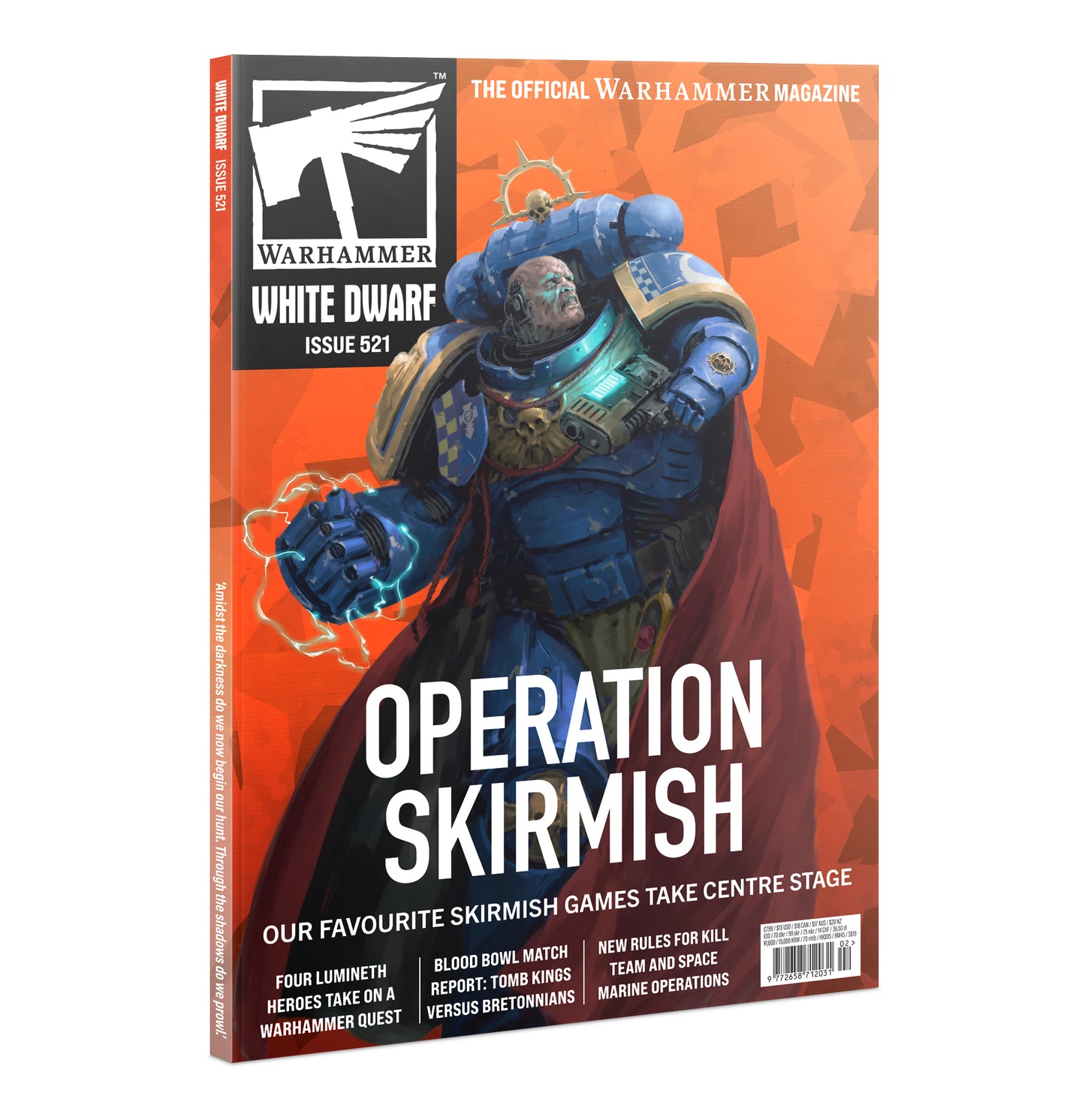 Warhammer magazine cover featuring a character in blue armor with 'Operation Skirmish' text on an orange background