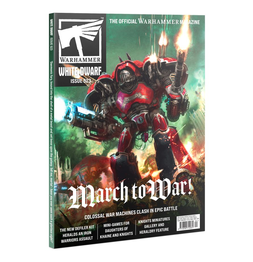 Warhammer magazine cover with a robot holding a flamethrower on a white background