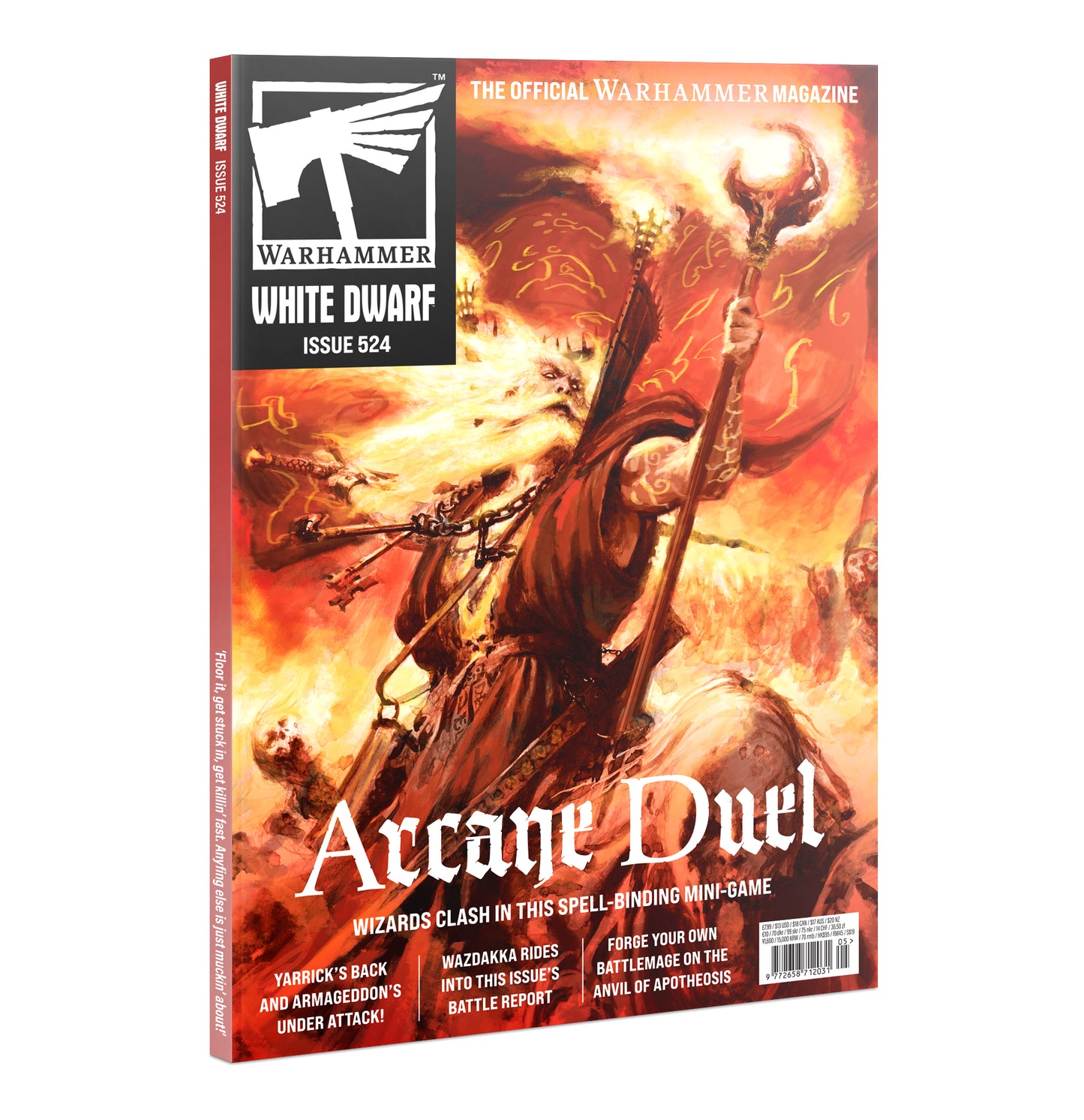 Warhammer magazine cover featuring a warrior with a staff against an orange and red background