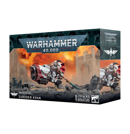 Warhammer 40,000 game box with White Scars Suboden Khan miniature on a white background