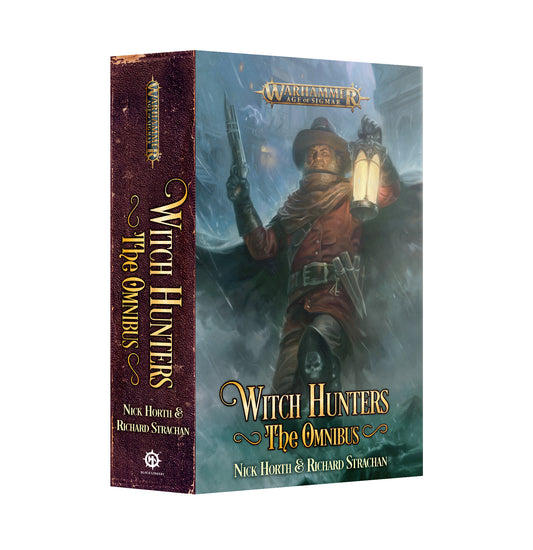 Warhammer 40k Witch Hunters: The Omnibus book box set, featuring a dark red spine and a blue-toned cover illustration of a hunter with a lantern.
